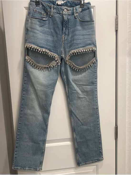 Good American Denim - Good American Light Blue Straight-Leg Jeans with Crystal Fringe